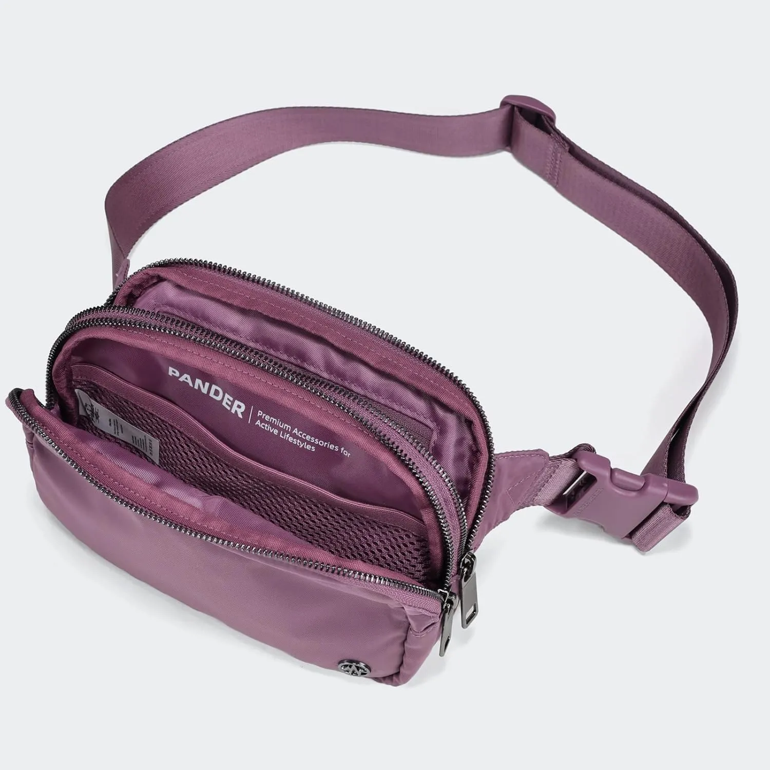 Pander Everywhere Belt Bag for Women, 5 Zipper Pockets Nylon Crossbody Fanny Pack Purse (Purple Lavender)