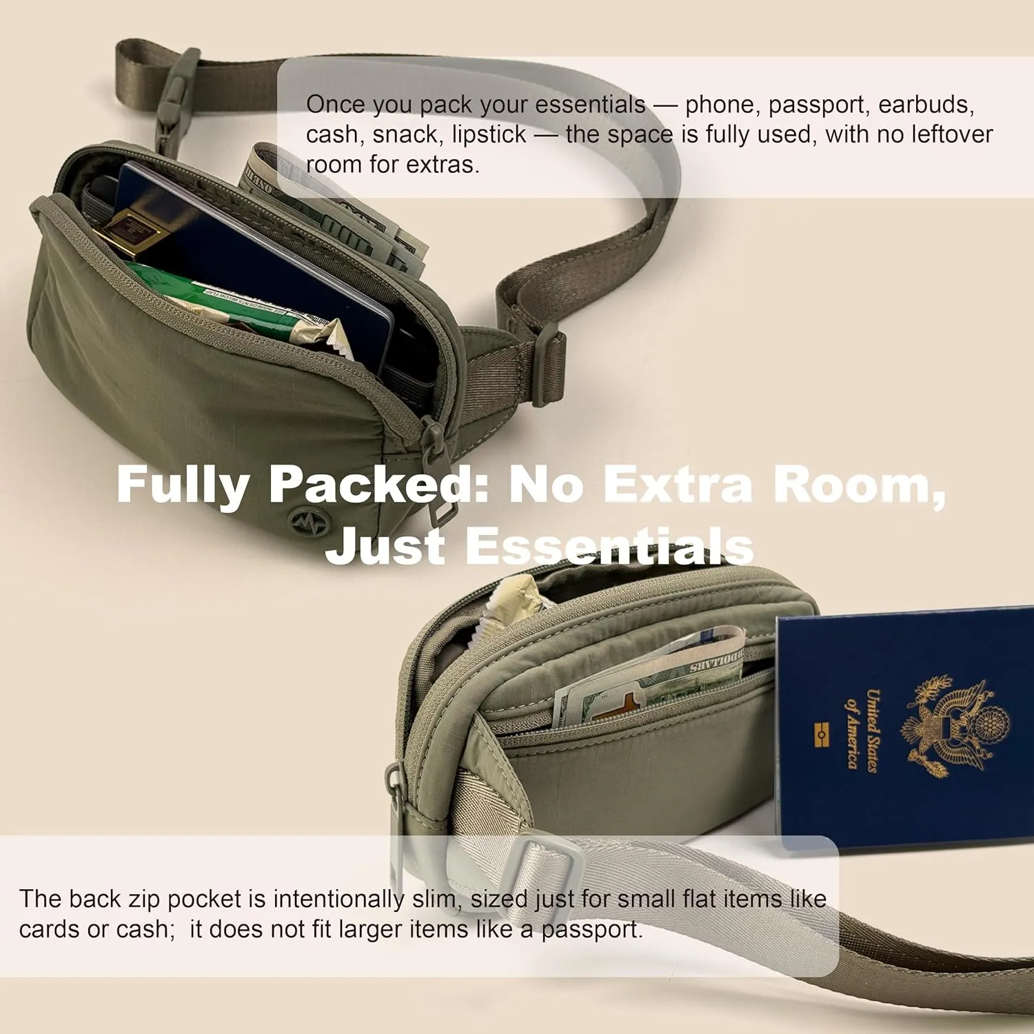 Pander Mini Belt Bag – Ultra Compact, Fits 6.7” Phone, Lipstick, Earbuds, Essentials, Small Crossbody Waist Purse, Grey Sage