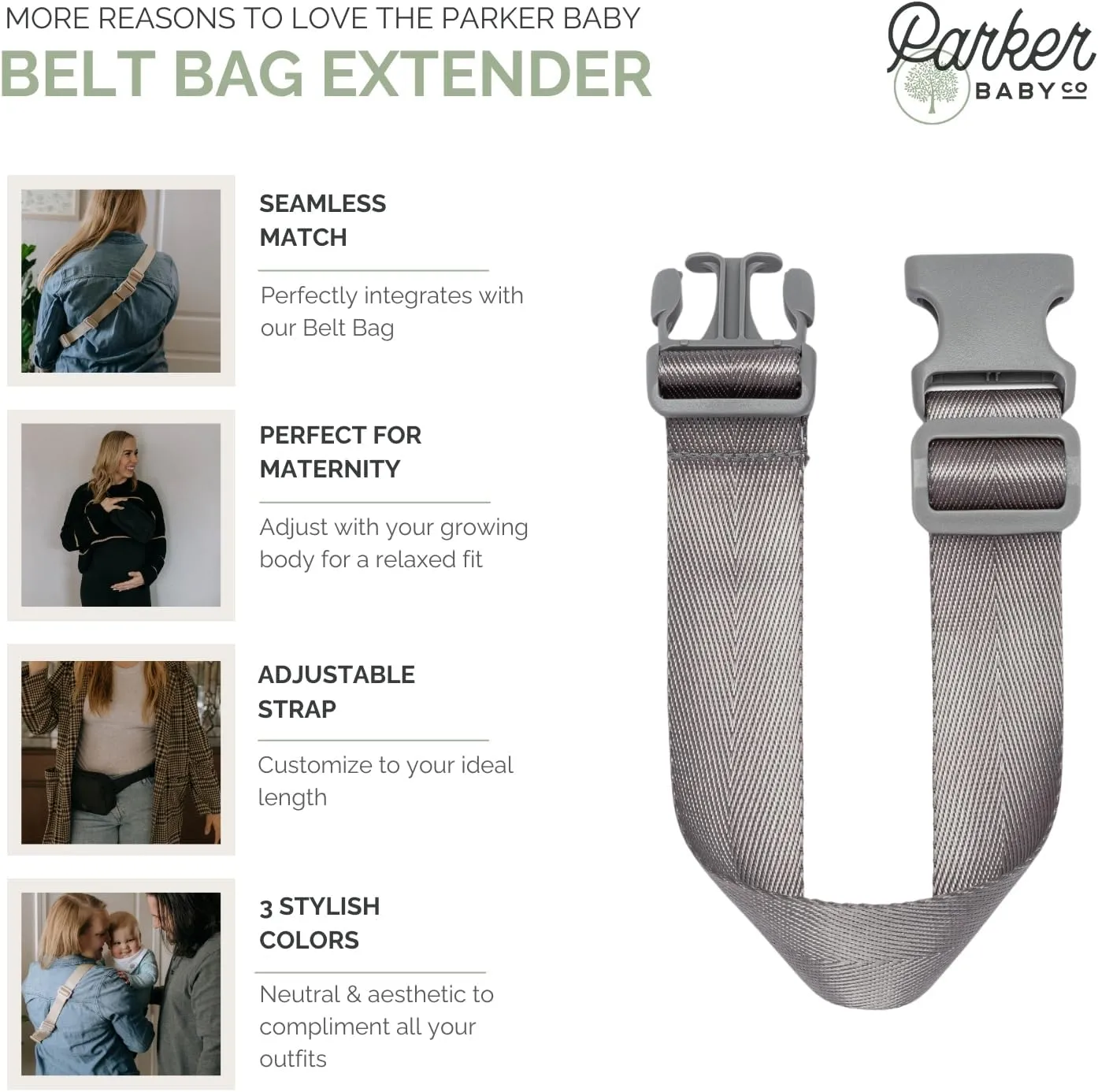 Parker Baby Adjustable Belt Bag Extender | Seamless Match for Mom's Belt Bag | Extendable up to 15" | Maternity-Friendly | Cross Body Bag Extender, Fanny Pack Extender Strap - Gray