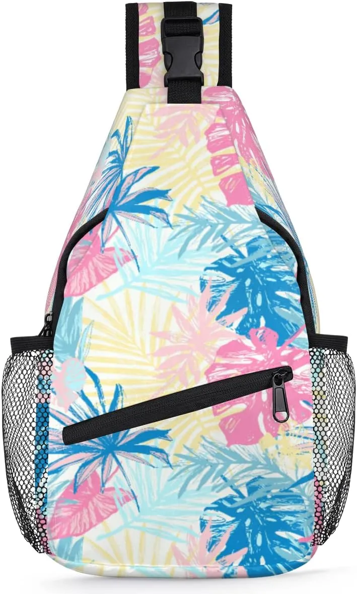 Pastel Tropic Leaves Sling Bag Crossbody Sling Backpack for Women Men, Colorful Travel Hiking Chest Bag Daypack Small Cross Body Sling Bags