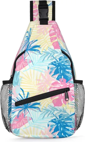 Pastel Tropic Leaves Sling Bag Crossbody Sling Backpack for Women Men, Colorful Travel Hiking Chest Bag Daypack Small Cross Body Sling Bags
