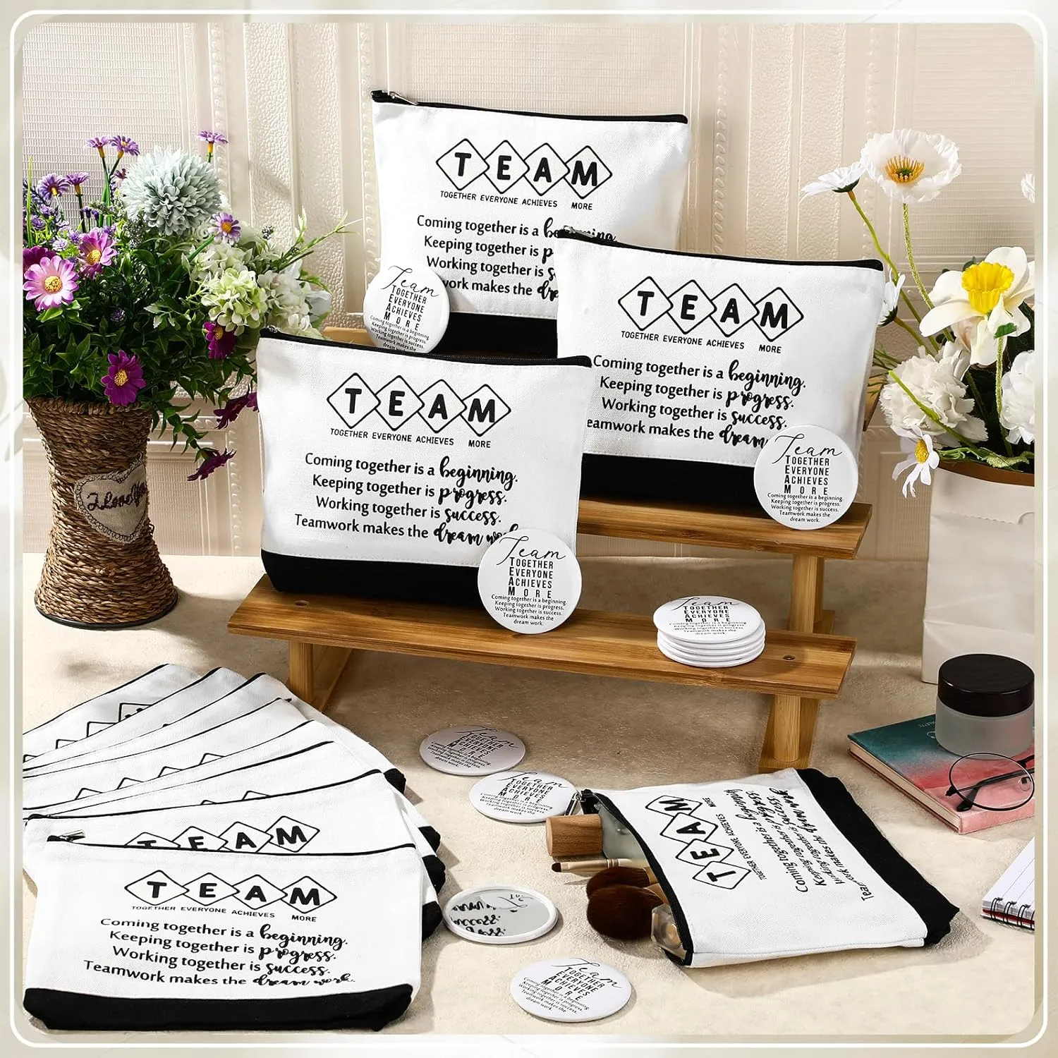 Paterr 12 Sets Employee Appreciation Gifts Bulk for Women Makeup Bags with Zipper and Mini Compact Mirrors for Teacher Nurse (Team)