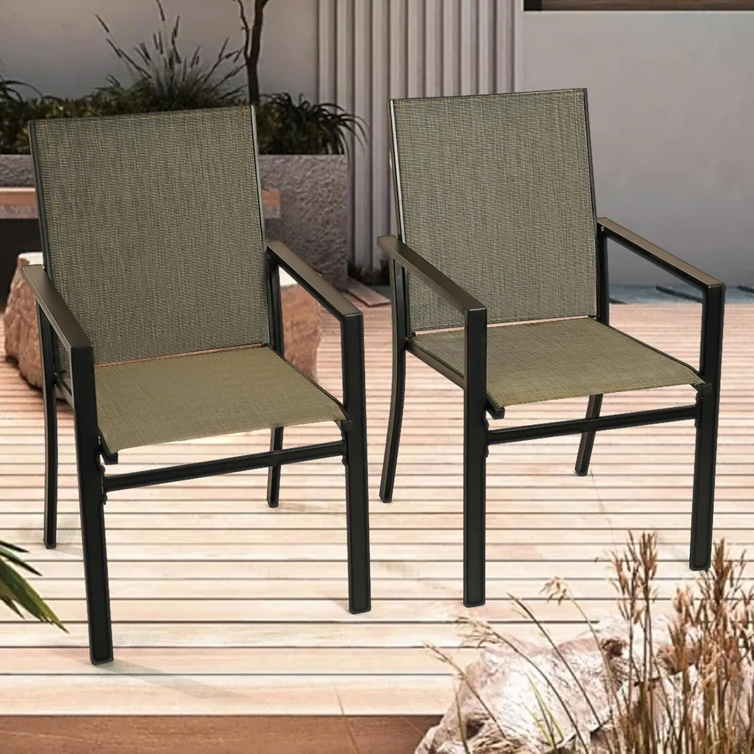 Patio Dining Chairs Set of 2, Outdoor Textilene Dining Chairs, Patio Furniture Chairs with Armrest for Backyard, Garden, Yard, Porch, Deck, Grey