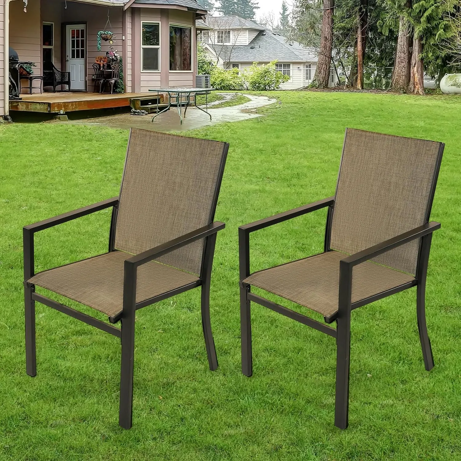Patio Dining Chairs Set of 2, Outdoor Textilene Dining Chairs, Patio Furniture Chairs with Armrest for Backyard, Garden, Yard, Porch, Deck, Grey