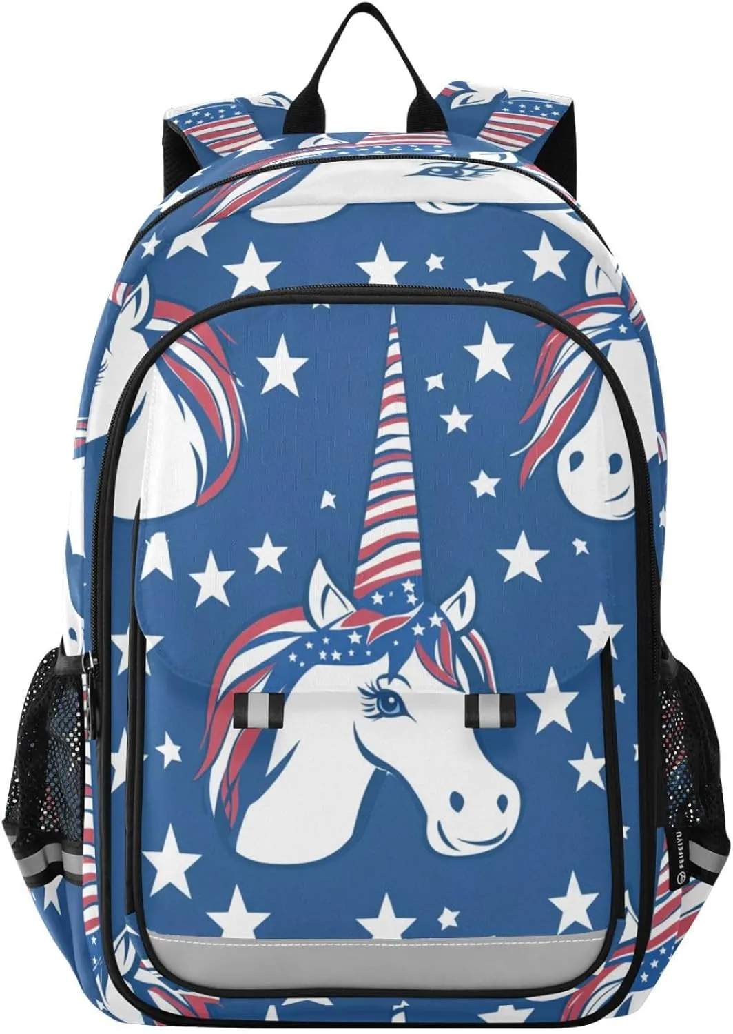 Patriotic Unicorn Face Backpack for Boys Girls Elementary School Bag Kids Bookbag Travel Rucksack With Reflective Stripes