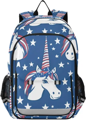 Patriotic Unicorn Face Backpack for Boys Girls Elementary School Bag Kids Bookbag Travel Rucksack With Reflective Stripes