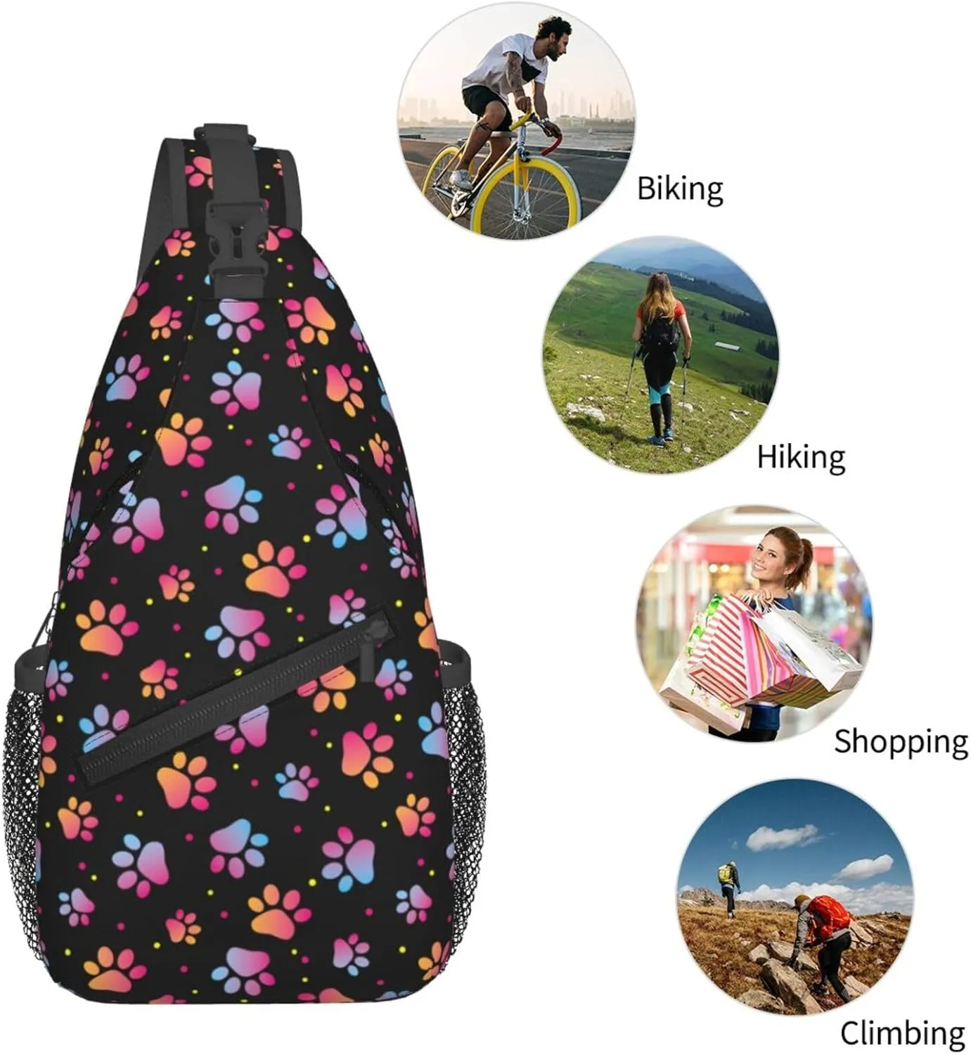 Paw Print Sling Bag Crossbody Backpack,Abstract Cat or Dog Footprints Colorful Puppy Paws Chest Bag Casual Shoulder Backpack Cute Animal Claws Pattern Travel Hiking Daypack for Men Women