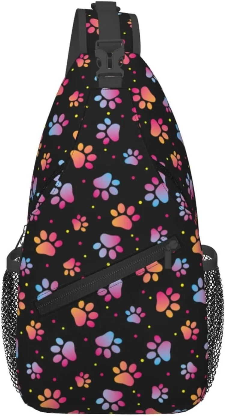 Paw Print Sling Bag Crossbody Backpack,Abstract Cat or Dog Footprints Colorful Puppy Paws Chest Bag Casual Shoulder Backpack Cute Animal Claws Pattern Travel Hiking Daypack for Men Women