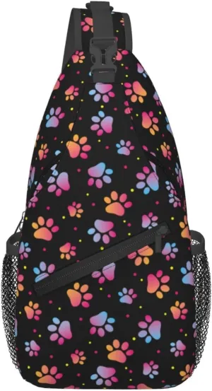 Paw Print Sling Bag Crossbody Backpack,Abstract Cat or Dog Footprints Colorful Puppy Paws Chest Bag Casual Shoulder Backpack Cute Animal Claws Pattern Travel Hiking Daypack for Men Women