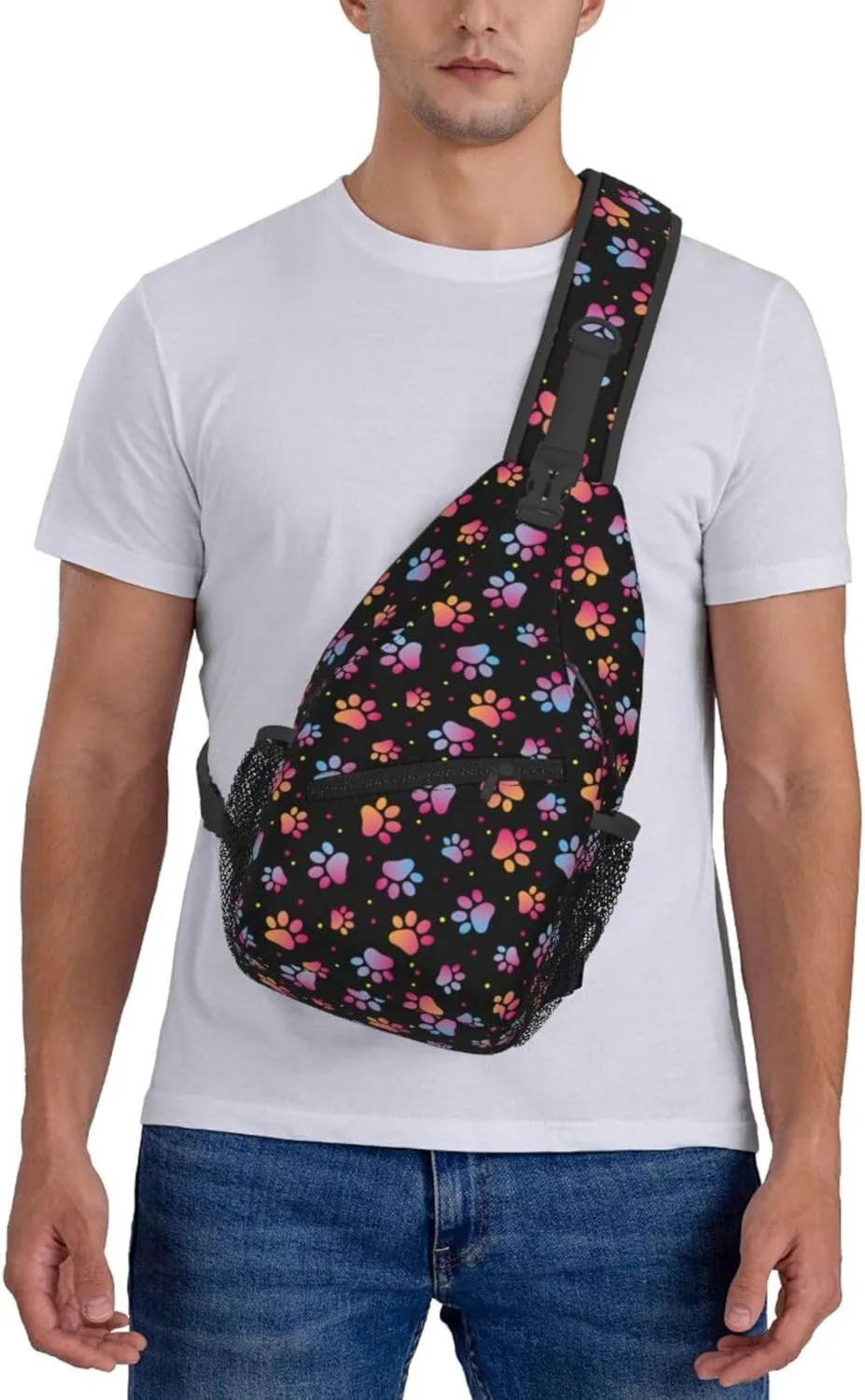 Paw Print Sling Bag Crossbody Backpack,Abstract Cat or Dog Footprints Colorful Puppy Paws Chest Bag Casual Shoulder Backpack Cute Animal Claws Pattern Travel Hiking Daypack for Men Women