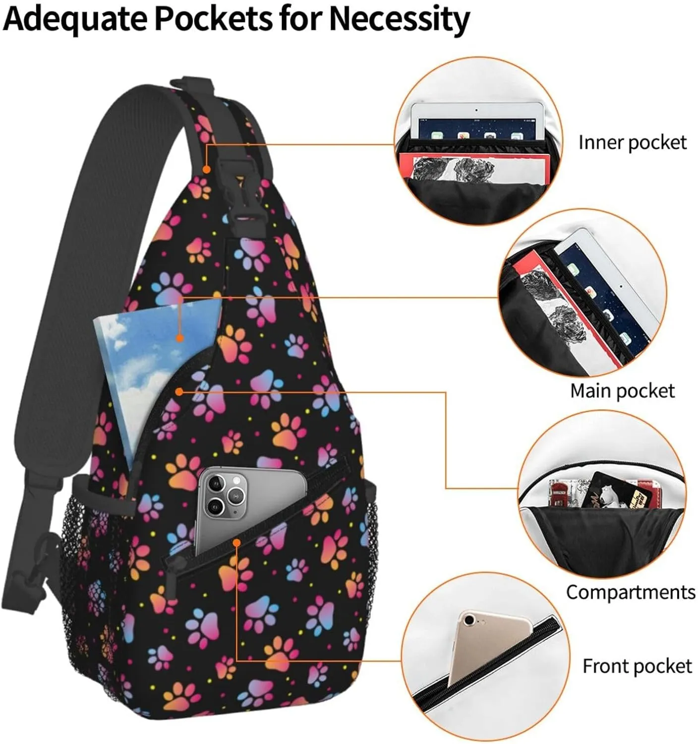 Paw Print Sling Bag Crossbody Backpack,Abstract Cat or Dog Footprints Colorful Puppy Paws Chest Bag Casual Shoulder Backpack Cute Animal Claws Pattern Travel Hiking Daypack for Men Women