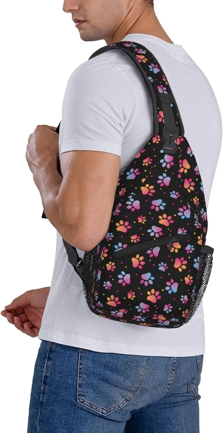 Paw Print Sling Bag Crossbody Backpack,Abstract Cat or Dog Footprints Colorful Puppy Paws Chest Bag Casual Shoulder Backpack Cute Animal Claws Pattern Travel Hiking Daypack for Men Women