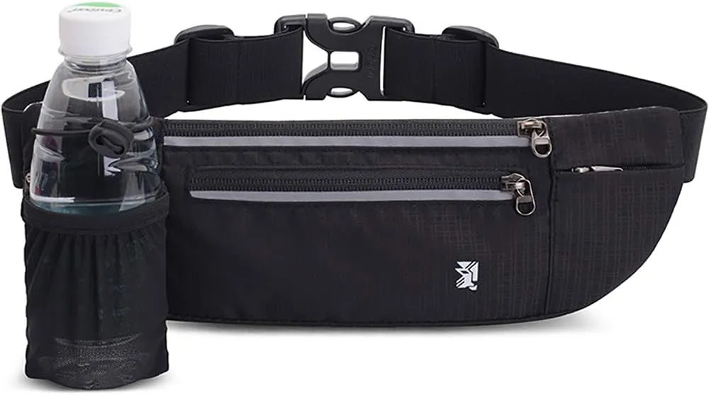 Peicees Fanny Pack with Water Bottle Holder Waist Bag for Men Women Water Resistant Lightweight Reflective Adjustable Running Belt Headphone Bag Travel Pocket for Outdoor Camping Fitness Hiking