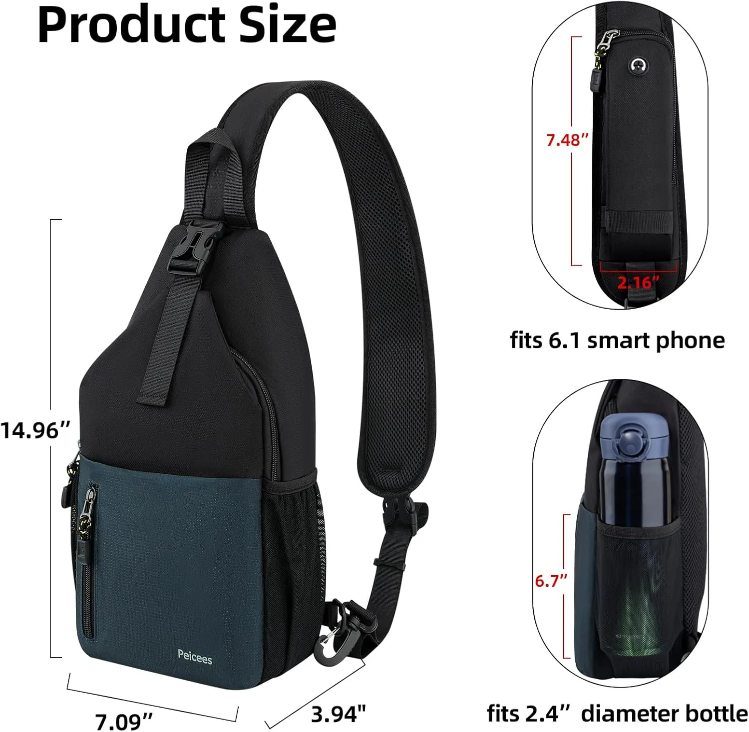 Peicees Sling Bag Crossbody Backpack For Men Women Hiking Waterproof Travel Shoulder Bags For Man Daypack Lightweight (Black)