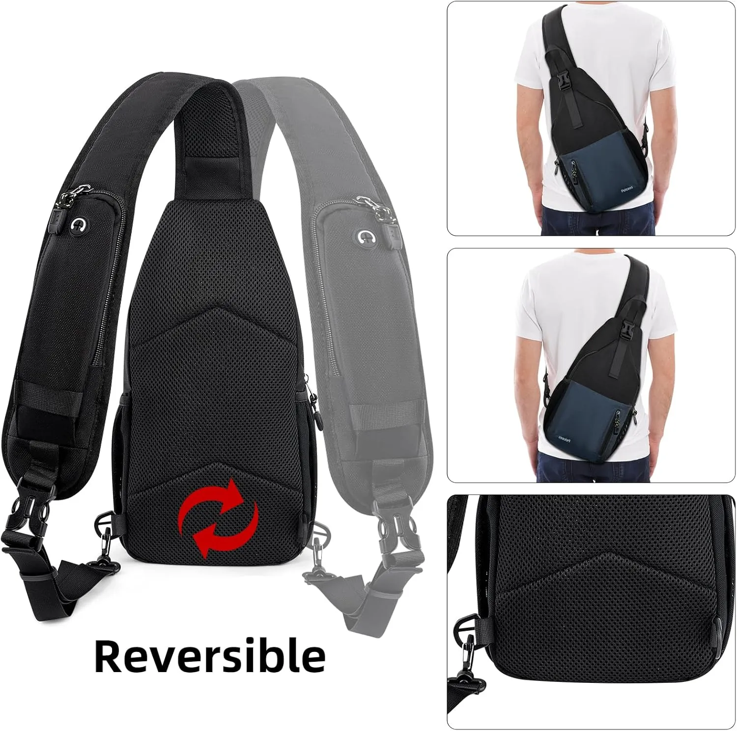 Peicees Sling Bag Crossbody Backpack For Men Women Hiking Waterproof Travel Shoulder Bags For Man Daypack Lightweight (Black)