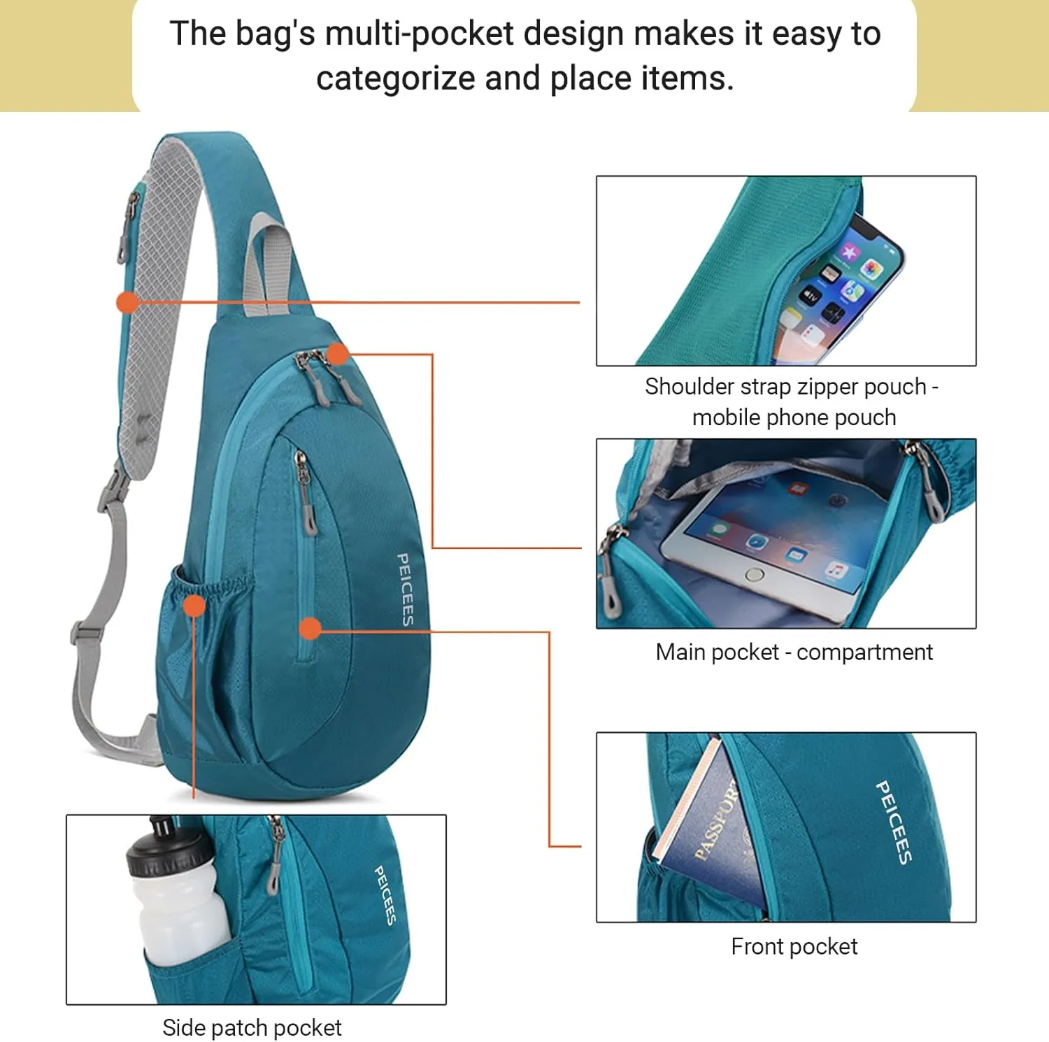 Peicees Sling Bags Men Women Shoulder Backpack Small Cross Body Chest Sling Backpack, Black