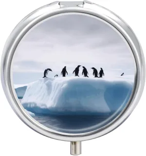 Penguins on The Iceberg Pill Organizer 3 Compartment Travel Pillbox with Mirror Daily Medicine Pill Case Metal Pill Box for Purse & Pocket Portable Small Medicine Box Round Vitamin Case Container