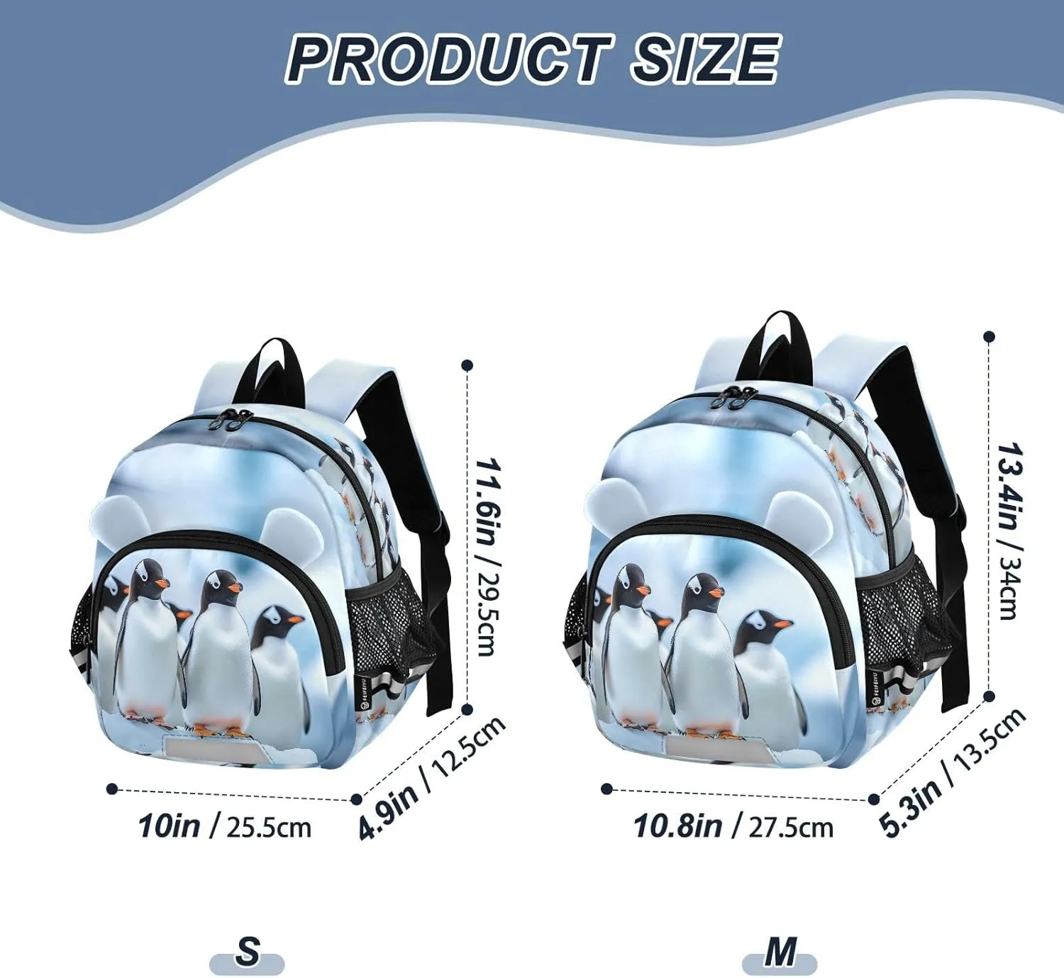Penguins Standing on An Ice Floe Kids Backpack for Boys & Girls,Toddler Backpack with Cute Ears,Kindergarten & Elementary Schoolbag-M