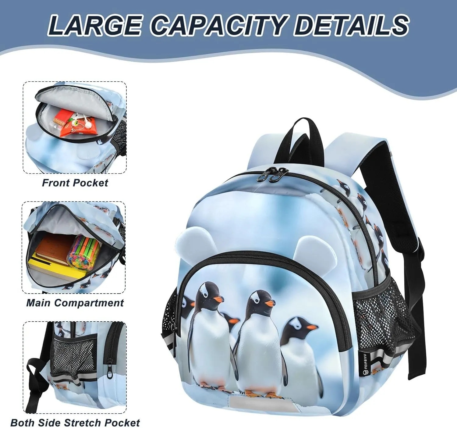 Penguins Standing on An Ice Floe Kids Backpack for Boys & Girls,Toddler Backpack with Cute Ears,Kindergarten & Elementary Schoolbag-M