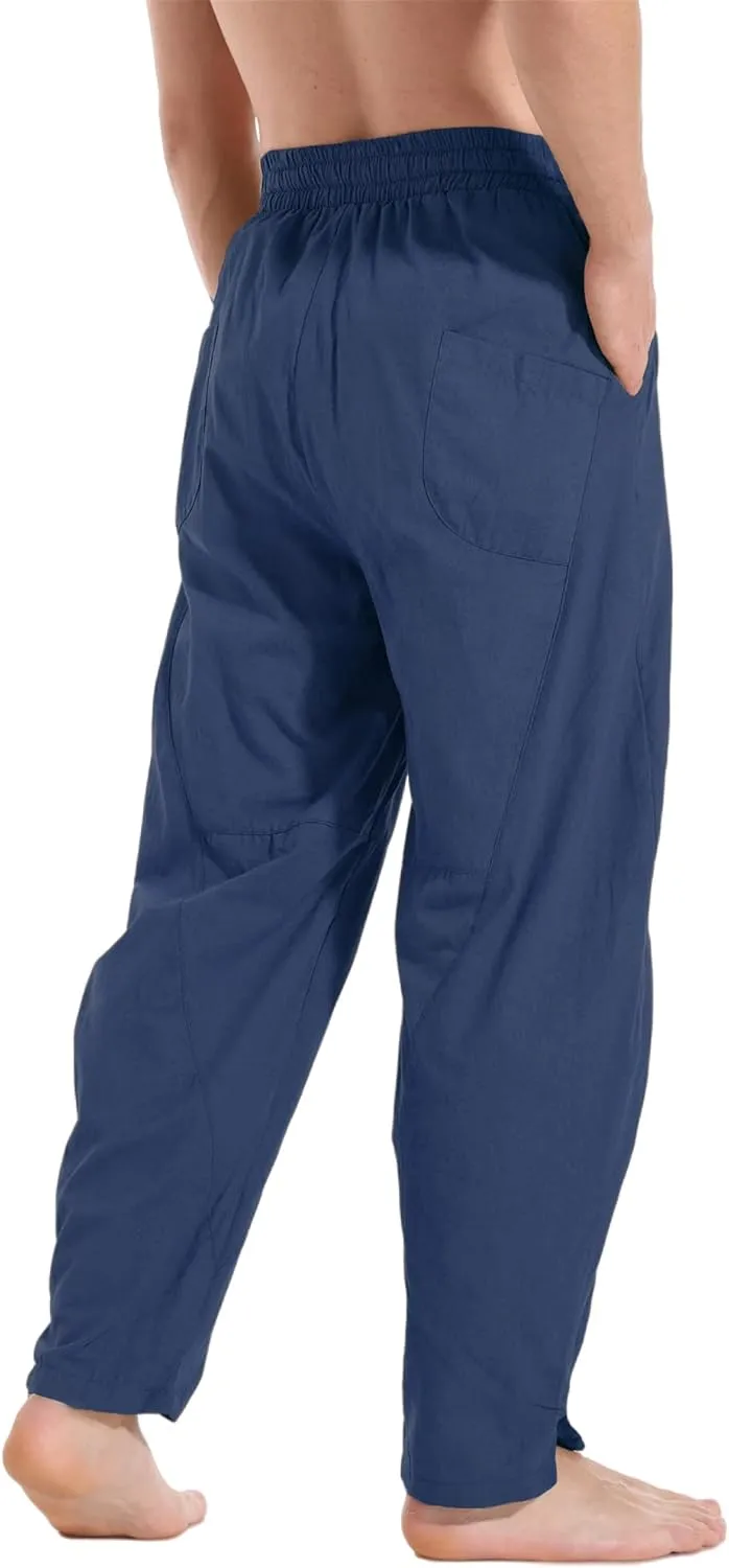 perdontoo Men's Linen Cotton Loose Fit Casual Lightweight Elastic Waist Summer Beach Pants