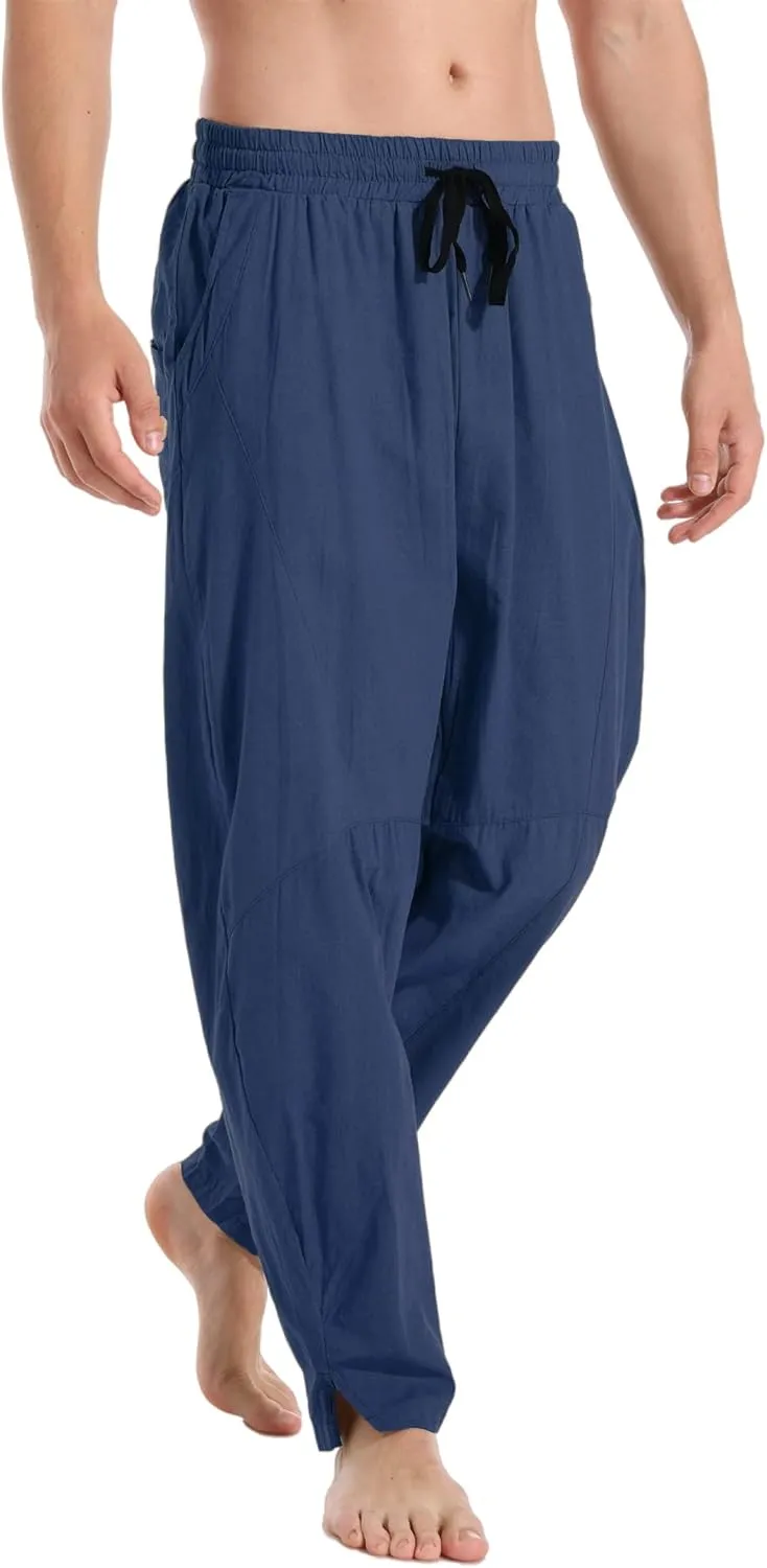 perdontoo Men's Linen Cotton Loose Fit Casual Lightweight Elastic Waist Summer Beach Pants