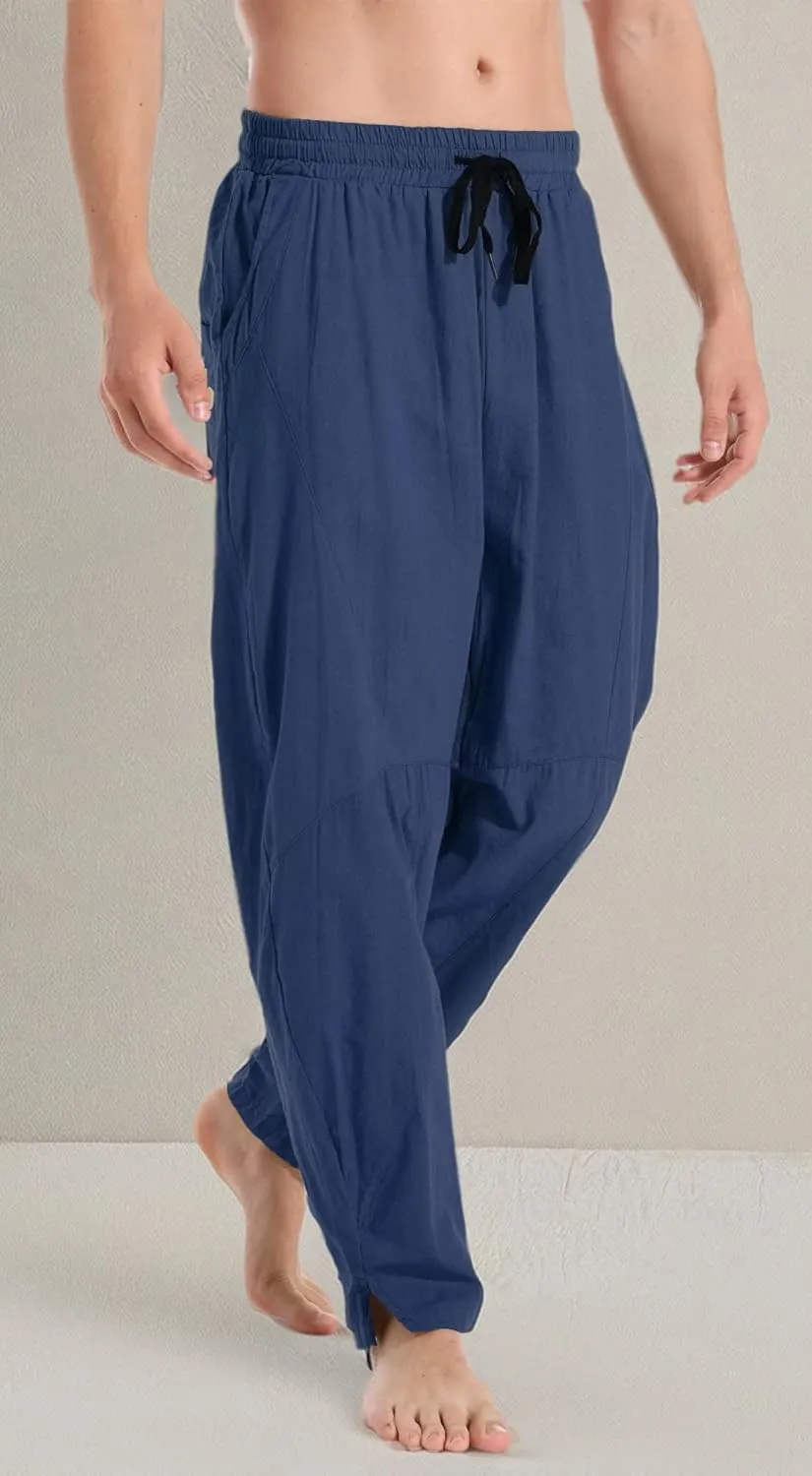 perdontoo Men's Linen Cotton Loose Fit Casual Lightweight Elastic Waist Summer Beach Pants