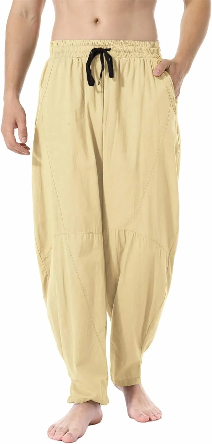 perdontoo Men's Linen Cotton Loose Fit Casual Lightweight Elastic Waist Summer Beach Pants