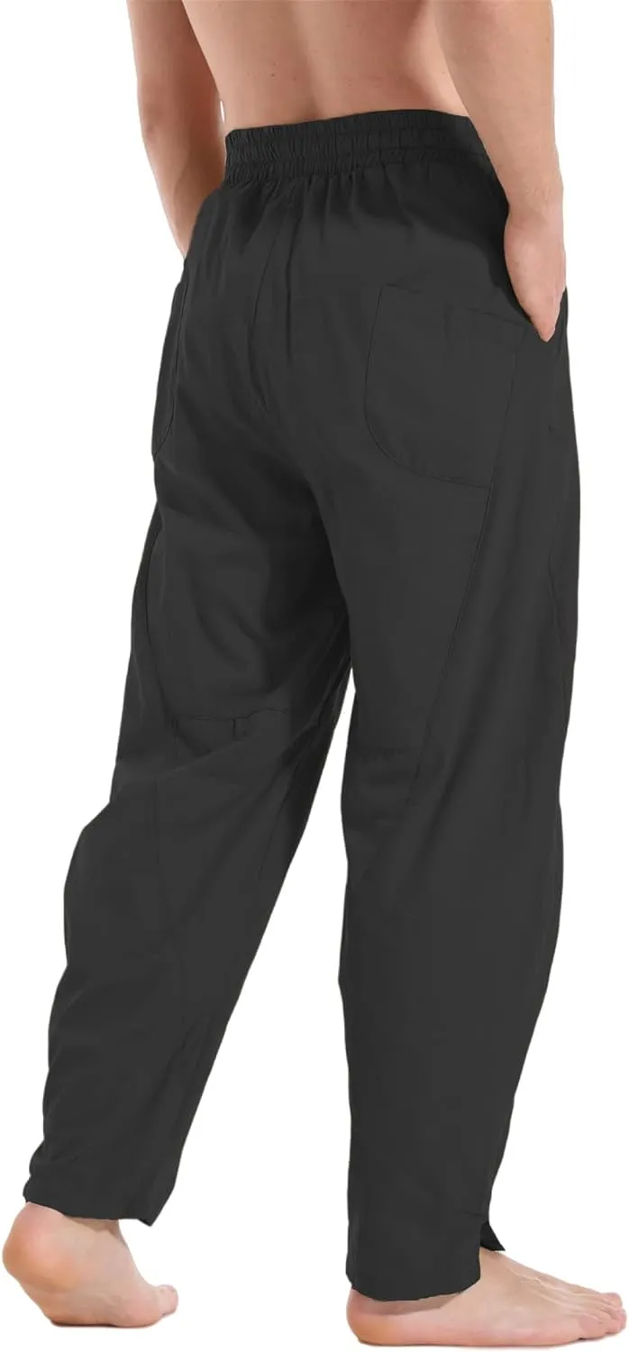 perdontoo Men's Linen Cotton Loose Fit Casual Lightweight Elastic Waist Summer Beach Pants