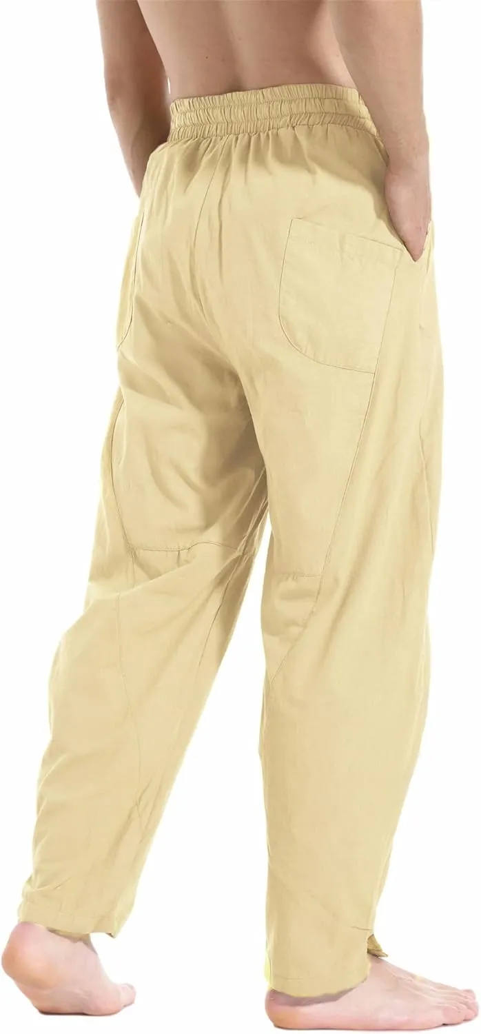 perdontoo Men's Linen Cotton Loose Fit Casual Lightweight Elastic Waist Summer Beach Pants
