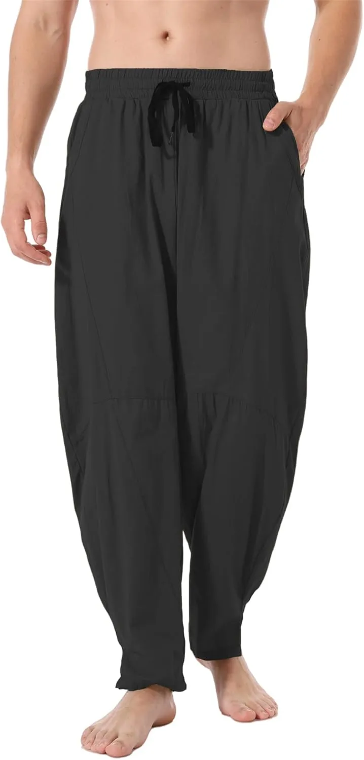 perdontoo Men's Linen Cotton Loose Fit Casual Lightweight Elastic Waist Summer Beach Pants