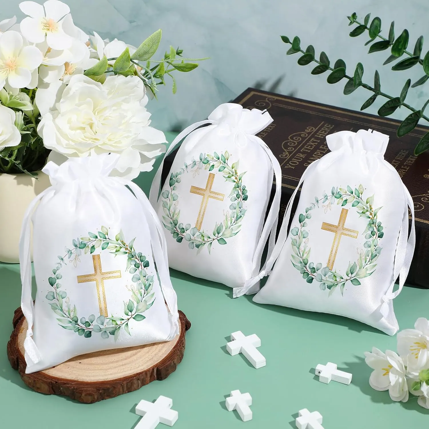 PerKoop 50 Pcs Baptism Satin Gift Bags with Drawstring 4 x 6 Inch Religious Gift Bags Cross Candy Jewelry Pouches for Baptism First Communion Party Favor(White, Greenery)