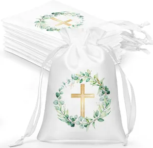 PerKoop 50 Pcs Baptism Satin Gift Bags with Drawstring 4 x 6 Inch Religious Gift Bags Cross Candy Jewelry Pouches for Baptism First Communion Party Favor(White, Greenery)