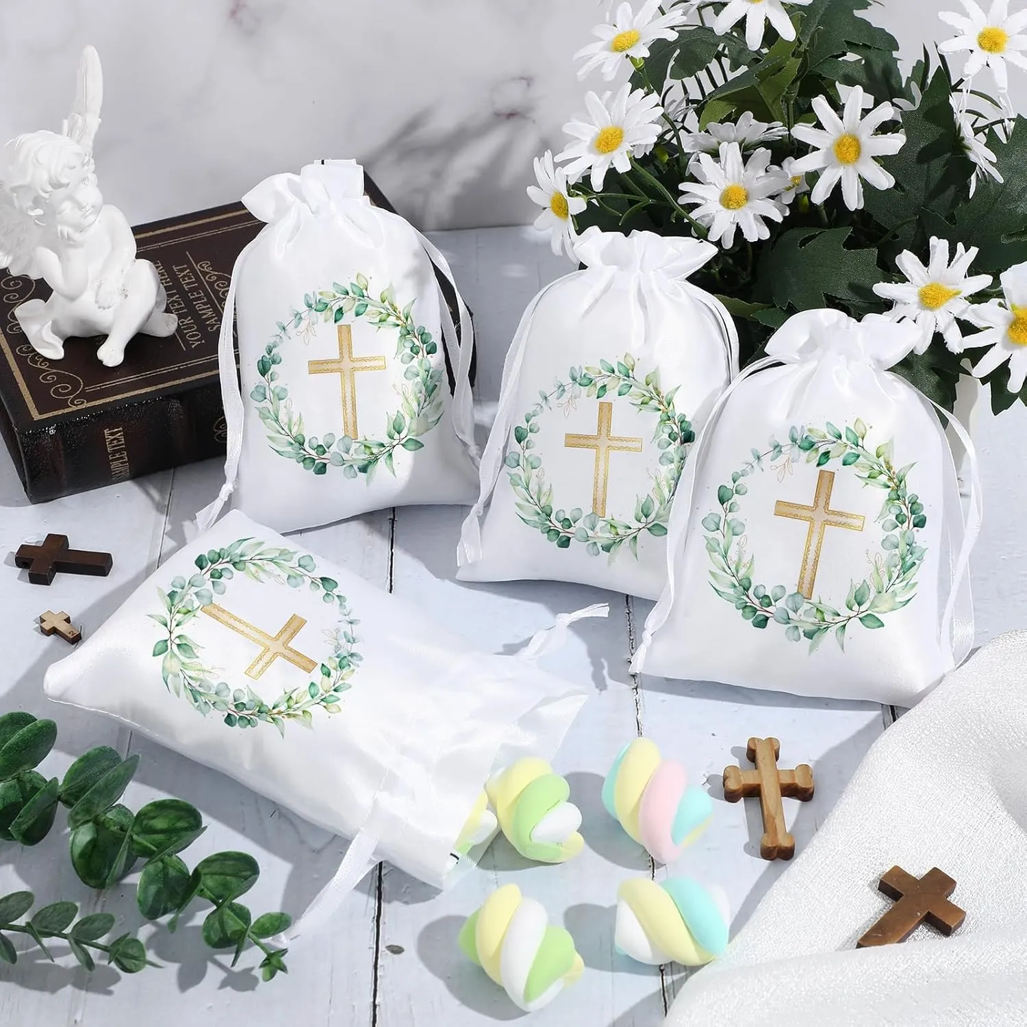 PerKoop 50 Pcs Baptism Satin Gift Bags with Drawstring 4 x 6 Inch Religious Gift Bags Cross Candy Jewelry Pouches for Baptism First Communion Party Favor(White, Greenery)