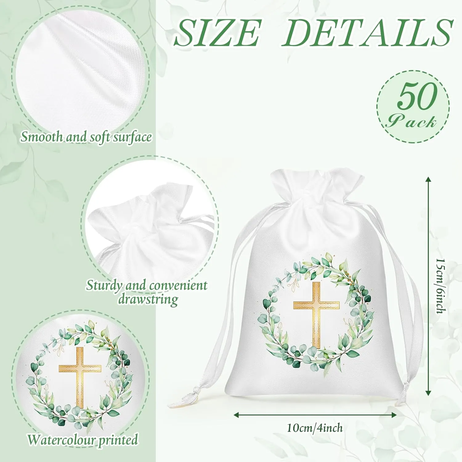 PerKoop 50 Pcs Baptism Satin Gift Bags with Drawstring 4 x 6 Inch Religious Gift Bags Cross Candy Jewelry Pouches for Baptism First Communion Party Favor(White, Greenery)