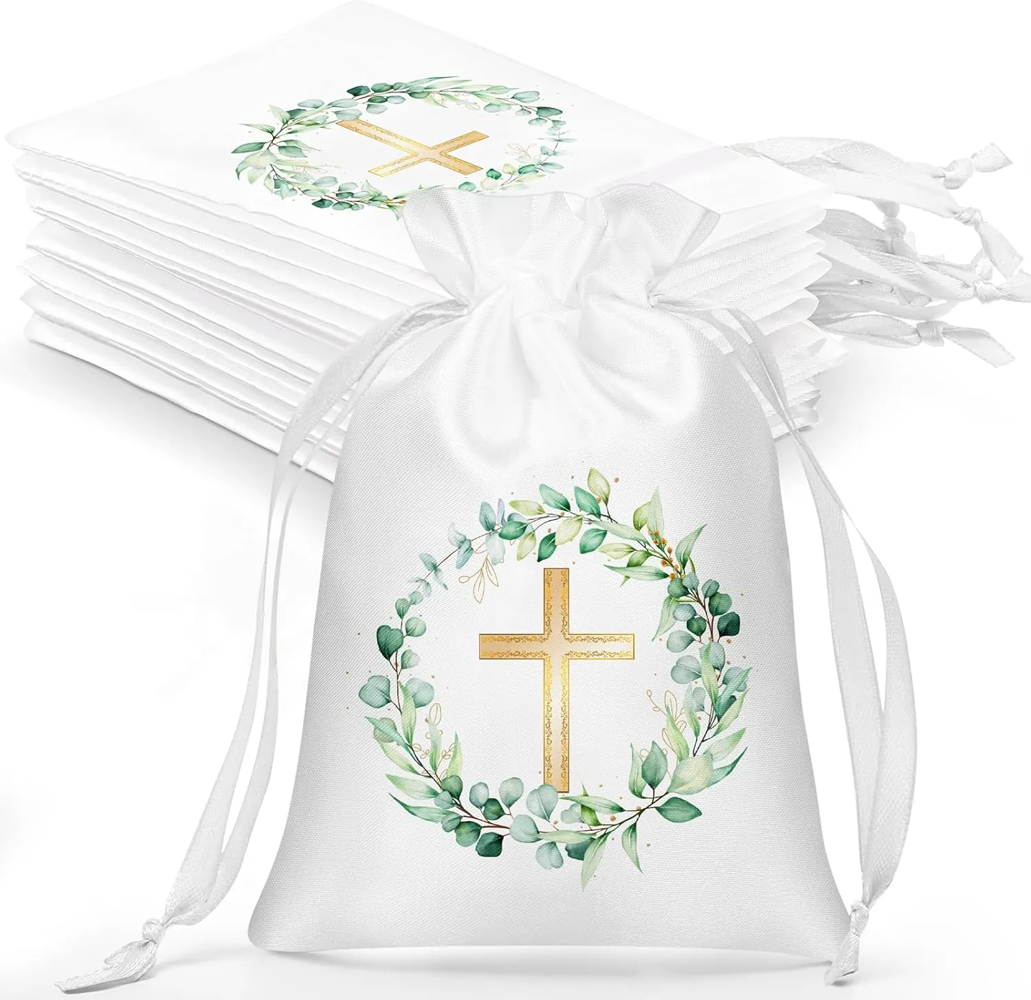 PerKoop 50 Pcs Baptism Satin Gift Bags with Drawstring 4 x 6 Inch Religious Gift Bags Cross Candy Jewelry Pouches for Baptism First Communion Party Favor(White, Greenery)