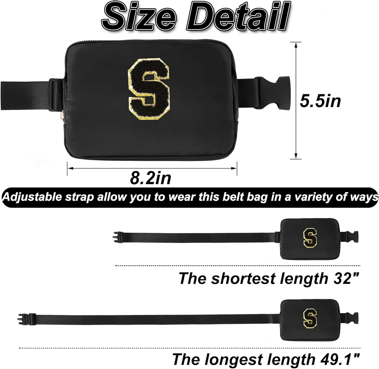 Personalized Belt Bag for Women Girls - Fashion Mini Waist Packs with Adjustable Strap - Trendy Travel Fanny Pack Crossbody Bags with Initial Letter - Teen Gifts | Black,S