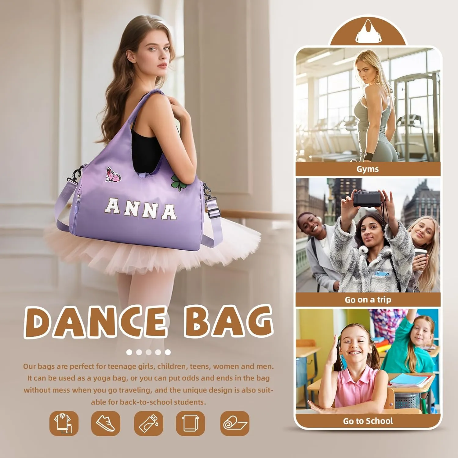 Personalized Dance Ballet Bag with Name - Custom Travel Duffel Bags for Sports Gym Weekender Overnight Travel Lovers