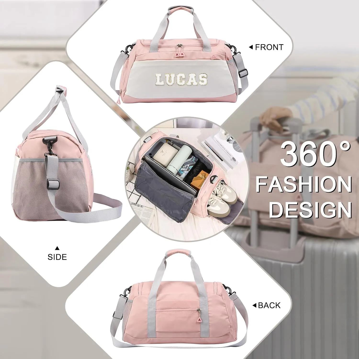 Personalized Duffel Bag with Name | Oxford Cloth Gym Bag with Shoes and Wet Pockets, Sports Bag Weekender Overnight Bag for Traveling for Women Men(Pink)