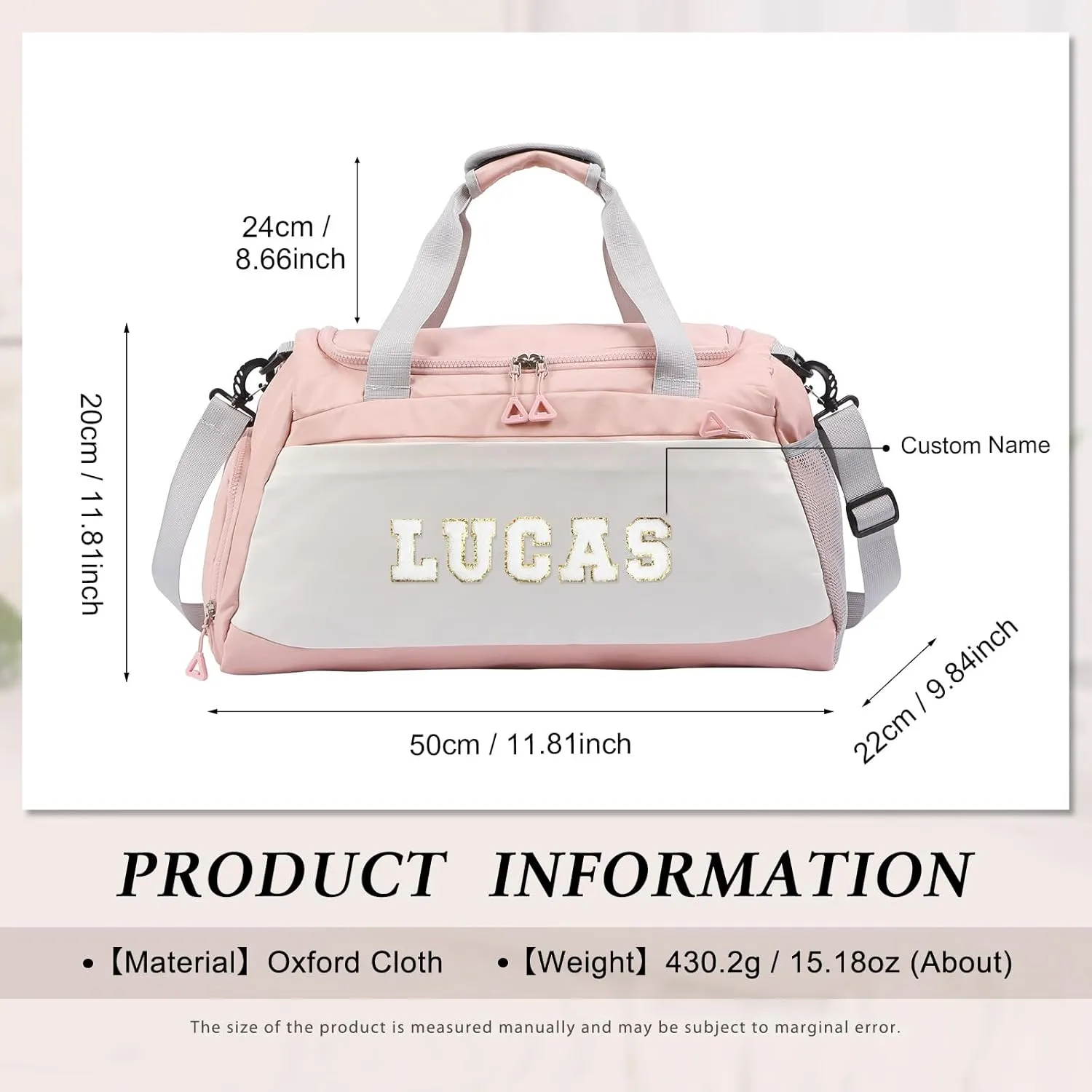 Personalized Duffel Bag with Name | Oxford Cloth Gym Bag with Shoes and Wet Pockets, Sports Bag Weekender Overnight Bag for Traveling for Women Men(Pink)