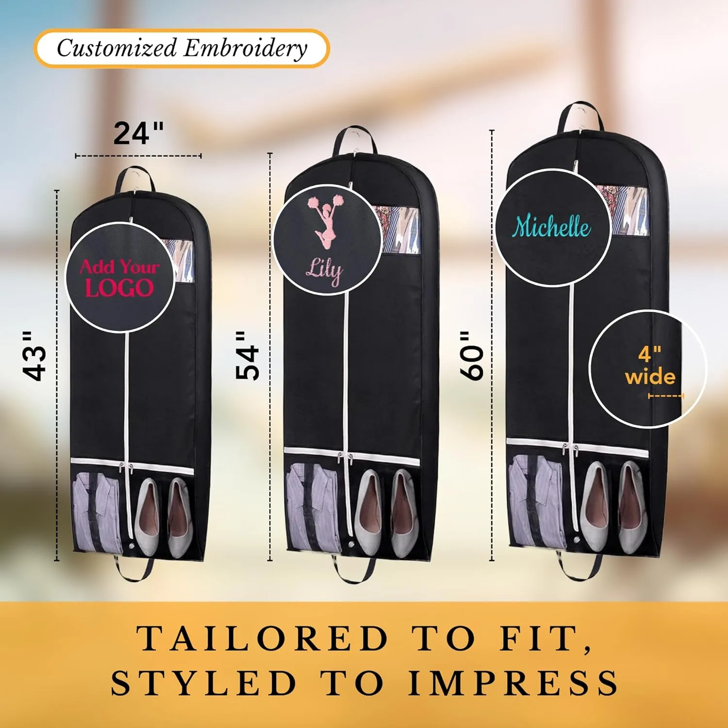 Personalized Garment bag with Name for Hanging Clothes - Custom Black Suit Bags for Closet Storage with 2 Mesh Pockets for Men & Women - Ideal for Wedding Dress Garment Bag Storage with Carry Handles
