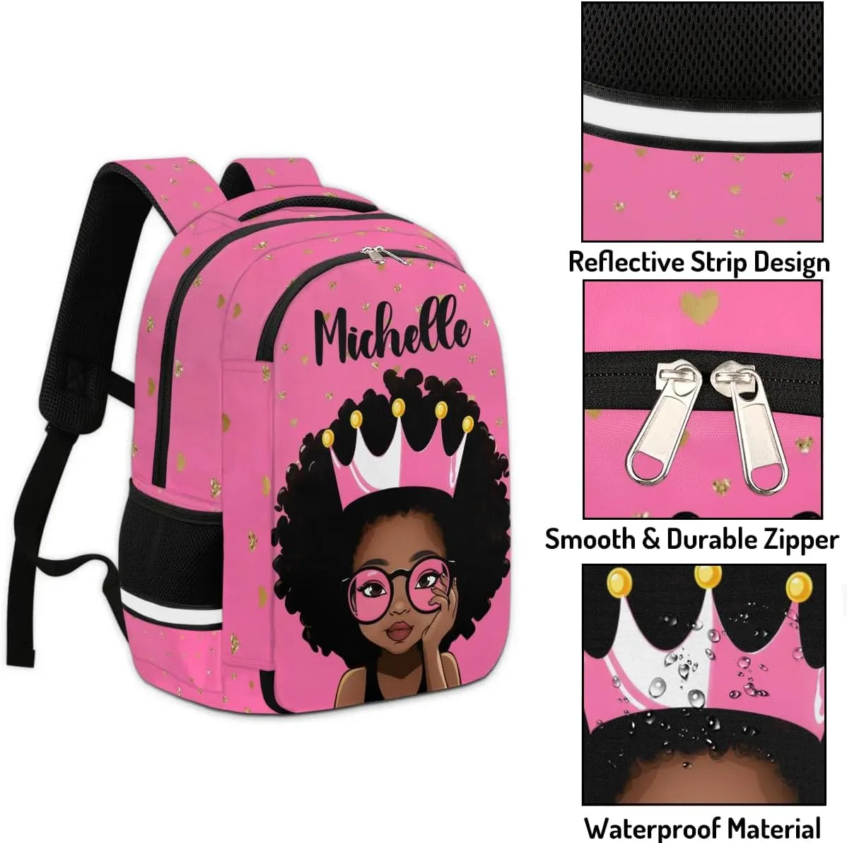 Personalized Kids Backpack Custom Backpack Schoolbag Children Bookbag for Girls Afro Princess Pink
