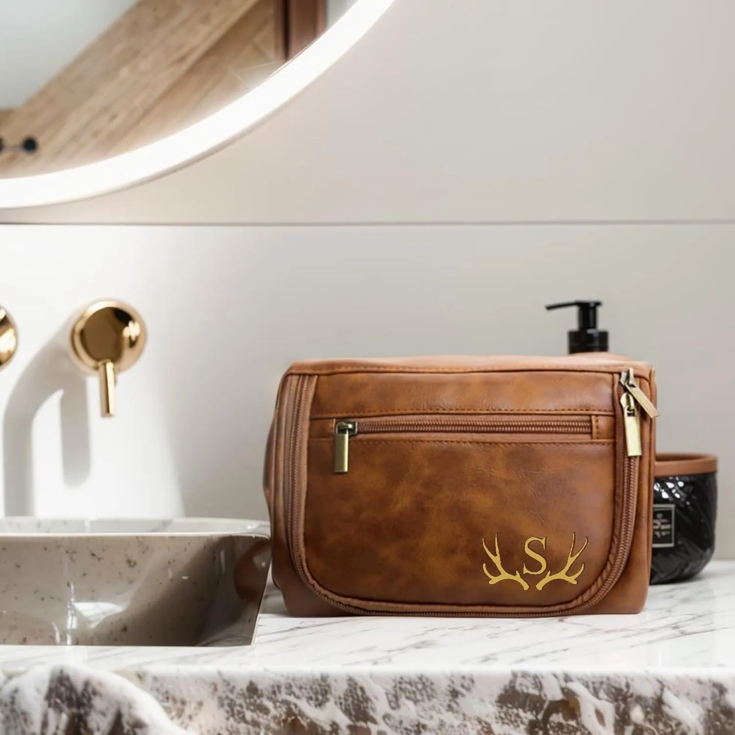 Personalized Leather Toiletry Bag Shaving Bag Custom Dopp Kit Gift for Groomsman Bestman Men Boyfriend Dad Husband Father's Day Gift Black