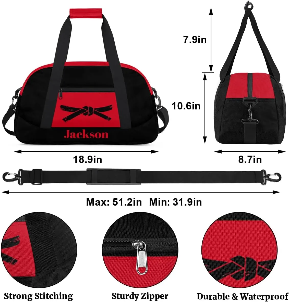 Personalized Martial Art Bag Duffel Bag for Girls, Custom Taekwondo Karate Bag Overnight Bags for Travel Weekender Practice Belt Black
