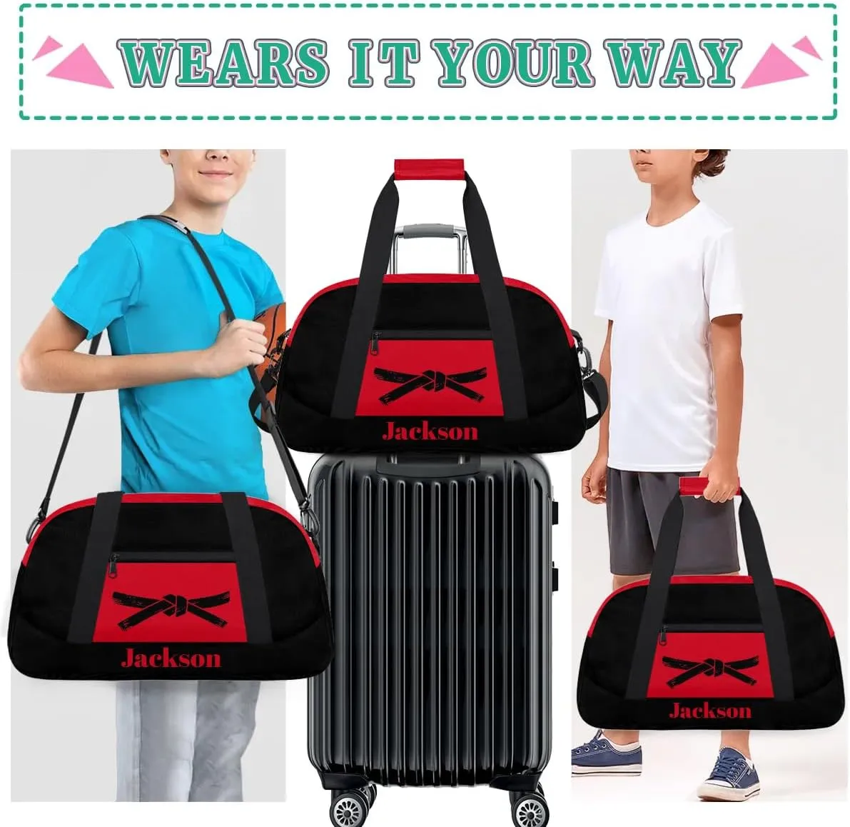 Personalized Martial Art Bag Duffel Bag for Girls, Custom Taekwondo Karate Bag Overnight Bags for Travel Weekender Practice Belt Black