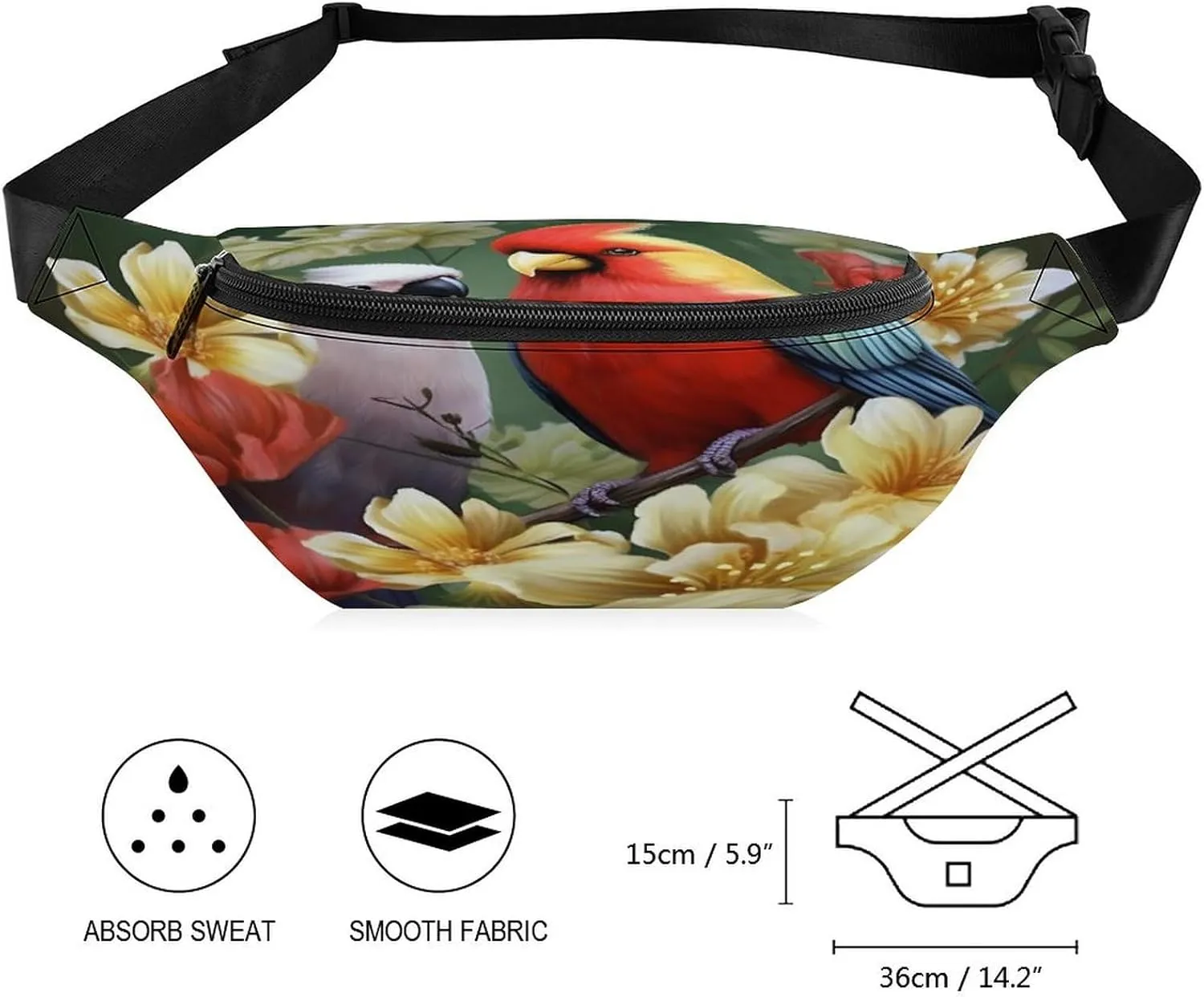 Personalized Waist Packs with Adjustable Strap,Bird with Flowers CrossBody Fanny Pack Casual Bag for Travel Sports Running Hiking