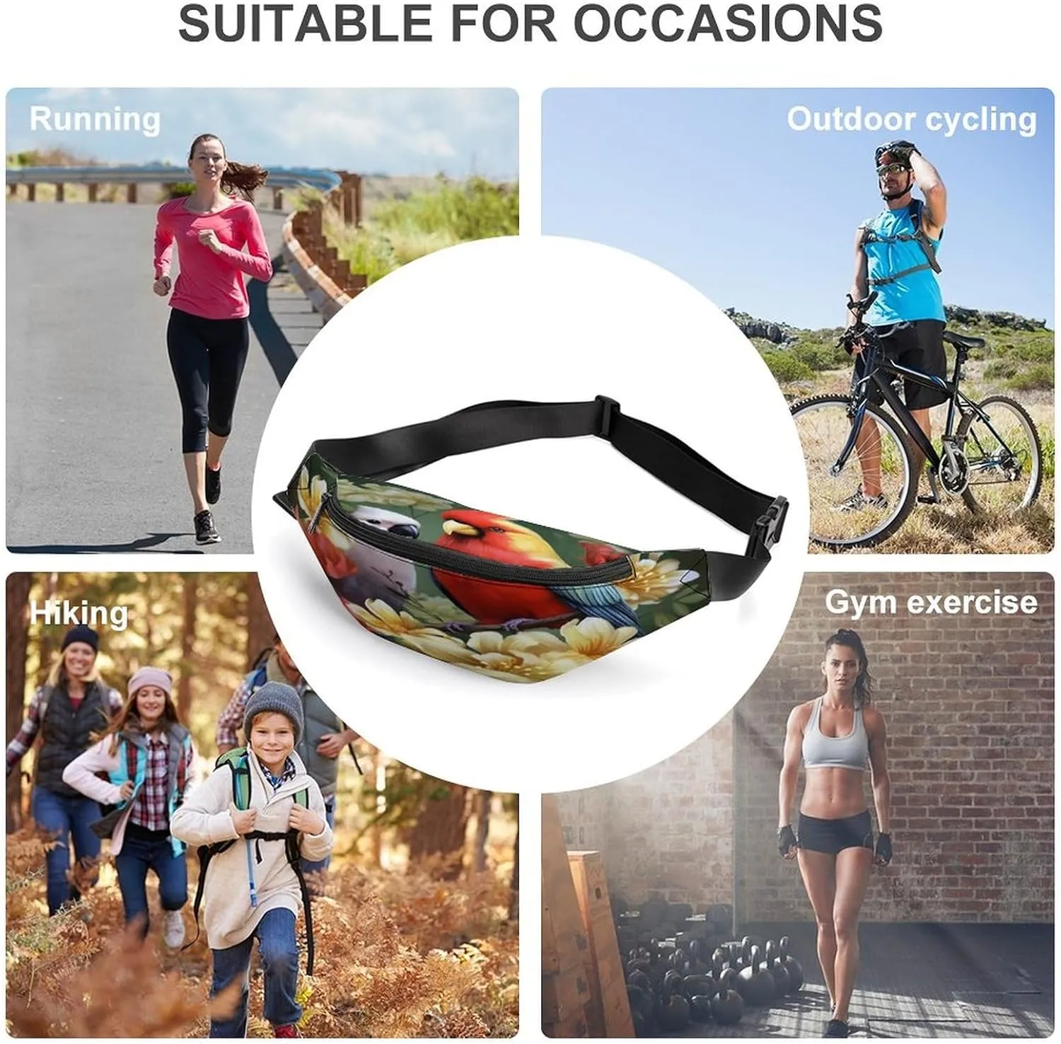 Personalized Waist Packs with Adjustable Strap,Bird with Flowers CrossBody Fanny Pack Casual Bag for Travel Sports Running Hiking