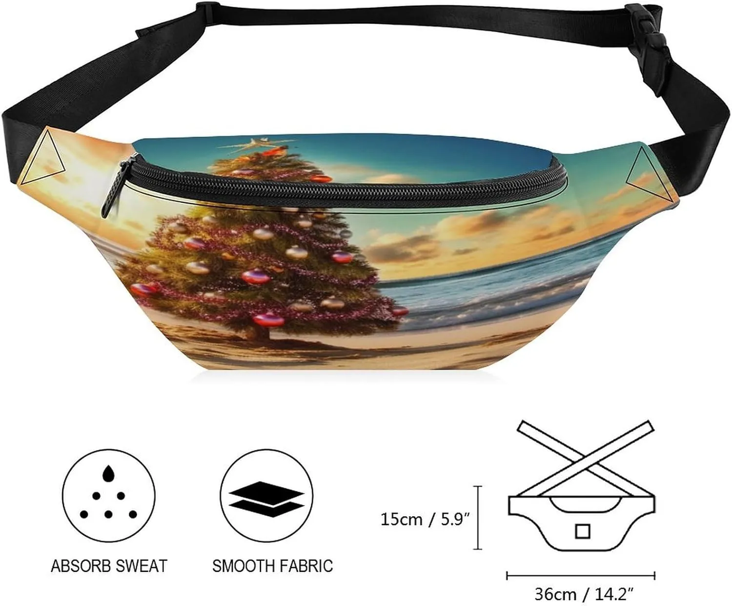 Personalized Waist Packs with Adjustable Strap,Christmas Tree on The Beach CrossBody Fanny Pack Casual Bag for Travel Sports Running Hiking