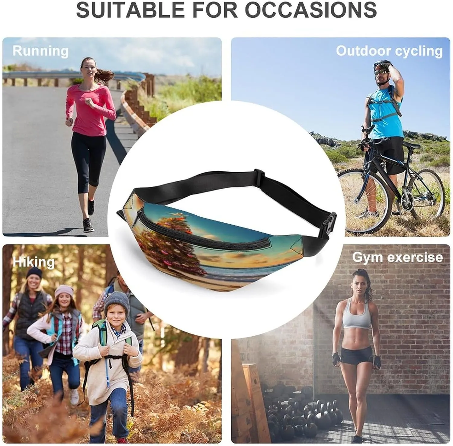 Personalized Waist Packs with Adjustable Strap,Christmas Tree on The Beach CrossBody Fanny Pack Casual Bag for Travel Sports Running Hiking