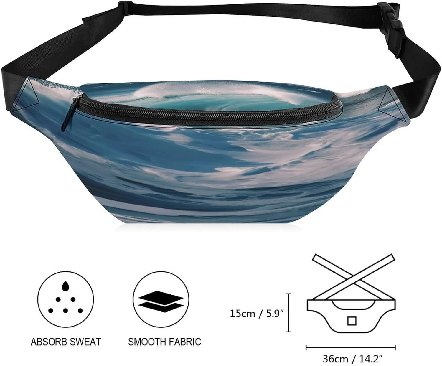Personalized Waist Packs with Adjustable Strap,Ocean Waves CrossBody Fanny Pack Casual Bag for Travel Sports Running Hiking