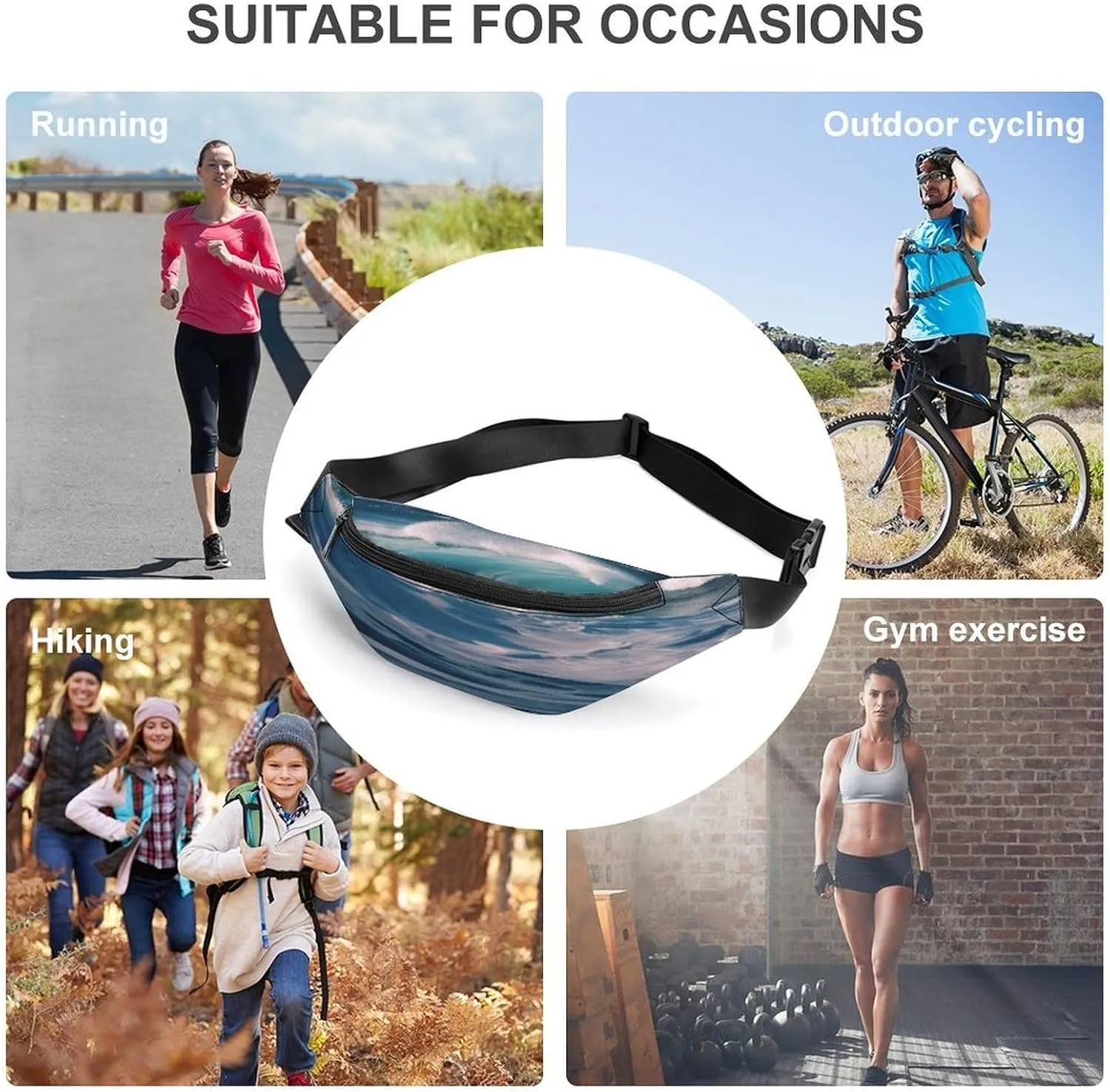 Personalized Waist Packs with Adjustable Strap,Ocean Waves CrossBody Fanny Pack Casual Bag for Travel Sports Running Hiking